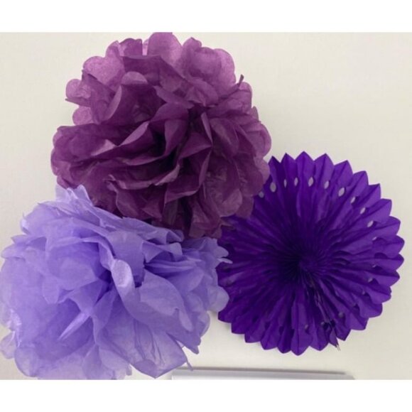 Party Decoration, 21 Pcs Purple and Lavender Hanging Paper Fans, Pom Pom - Picture 4 of 4